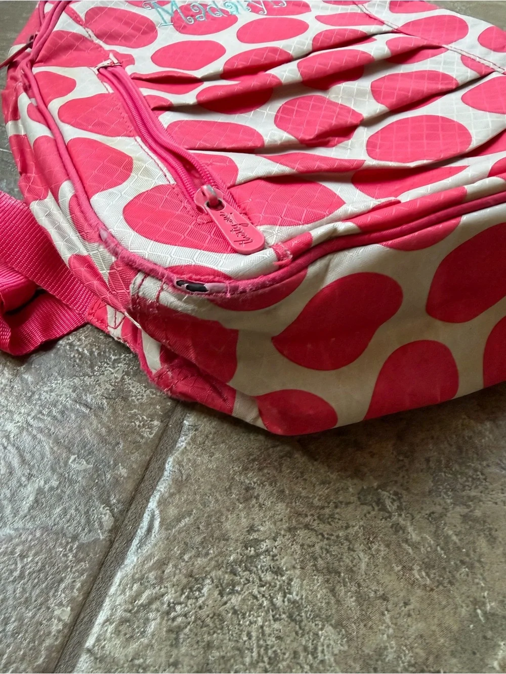Thirty-One Her Deluxe Backpack Mod Coral Pink Polka Dot Bookbag Monogram Madalyn